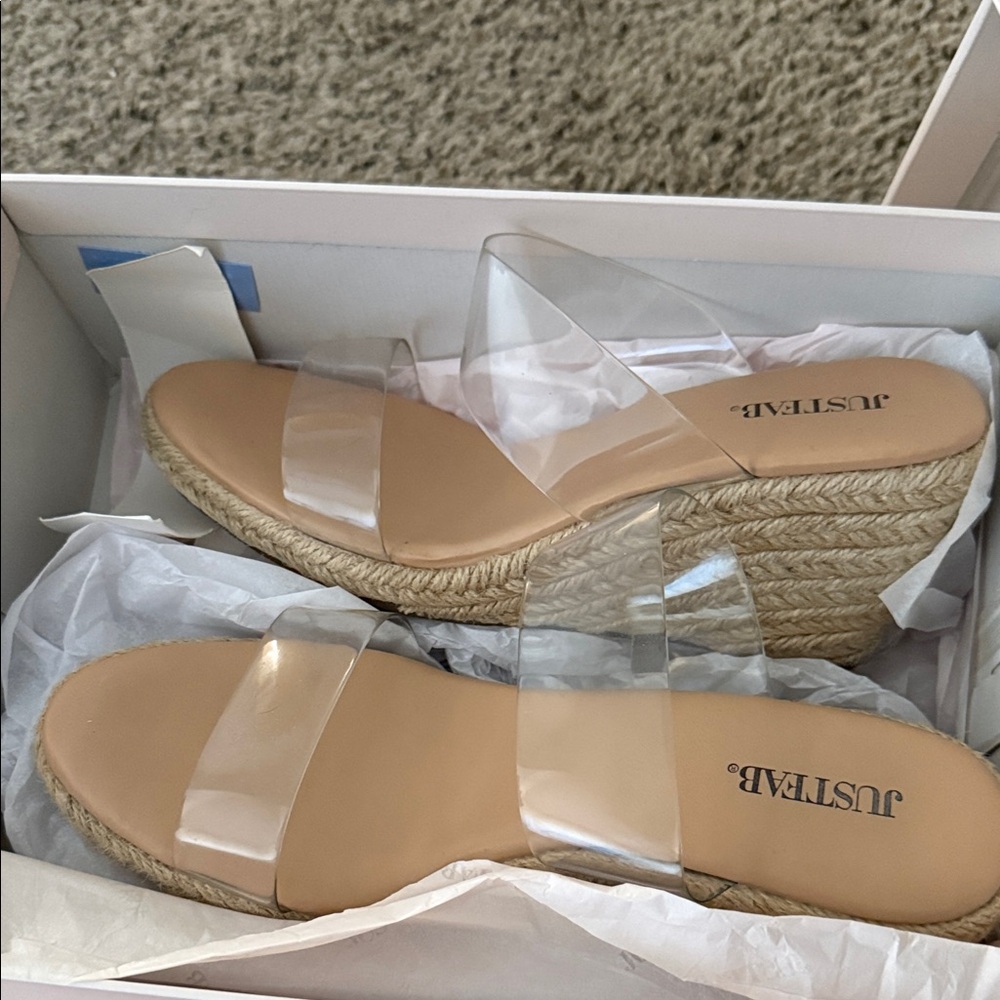 JustFab Clear PVC Strap Tan Espadrille Wedge Sandals